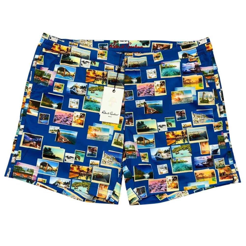 Robert Graham Swim Shorts Trunks Mens S Blue Swimwear Postcards Print NWT